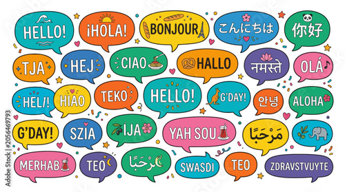Slika na platnu Multilingual Hello speech bubbles in many different languages.