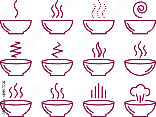 Obraz na płótnie Set of twelve purple line art icons depicting bowls with steaming food and various heat emanations on transparent background