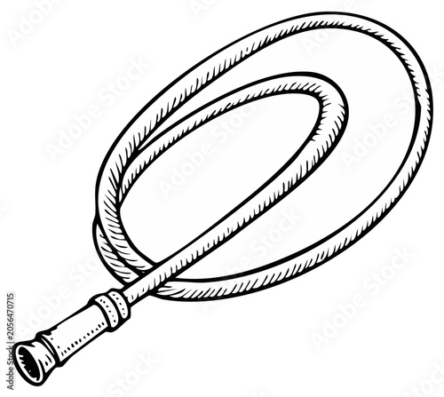 Illustration of a coiled garden hose with spray nozzle, top view.