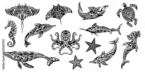 Bild auf Leinwand Black maori tribal animal tattoo with vector silhouettes of sea turtle, shark, manta ray and fish with polynesian tribal geometric pattern