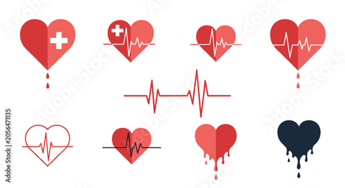 Medical heart icons and electrocardiogram pulse line symbols representing cardiology healthcare and medicine.