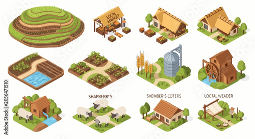 Tableau sur toile Isometric illustrations depicting various aspects of farming and agriculture, including fields, crops, livestock, and buildings