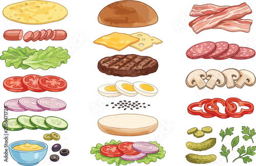 Tableau sur toile Burger and sandwich constructor vector set with disassembled ingredients including buns, beef patty, cheese, bacon, lettuce, tomato slices, onions, and sauces isolated on a white background