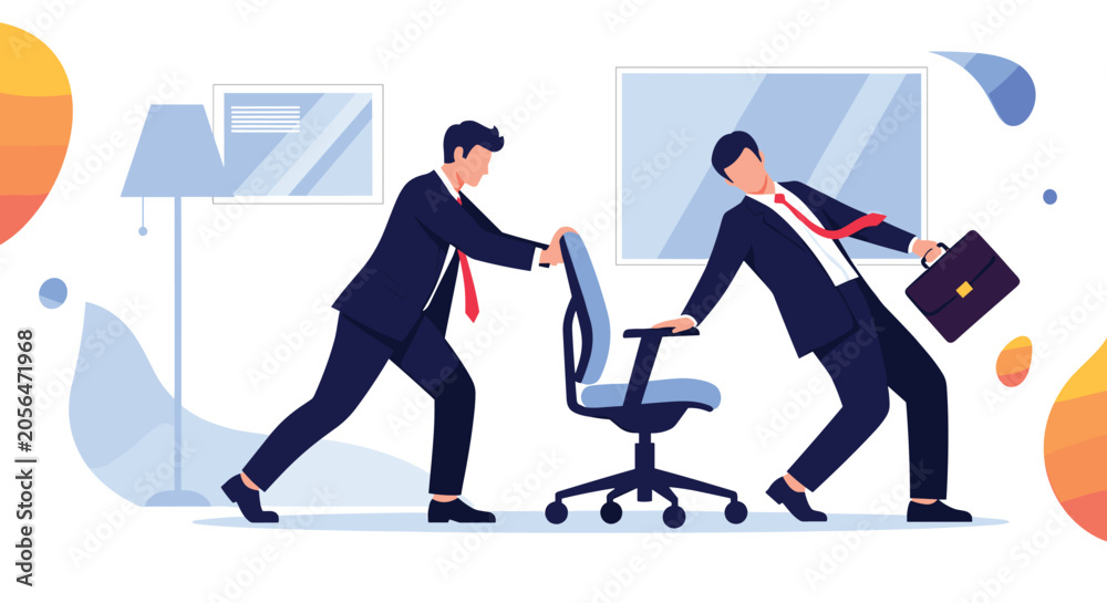 Fototapeta premium Business rivalry concept with a businessman pulling an office chair while another businessman falls down.
