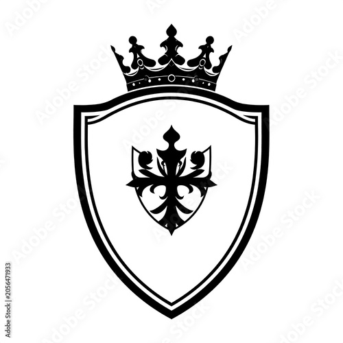 A black and white shield with a crown and a fleur-de-lis design
