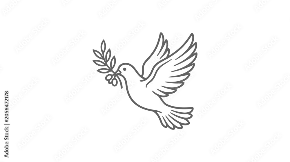 Fototapeta premium Flying peace dove bird carrying olive branch line art.