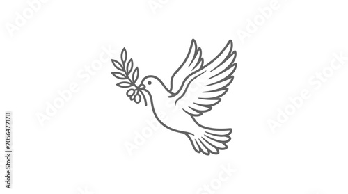 Konstfotografi Flying peace dove bird carrying olive branch line art.