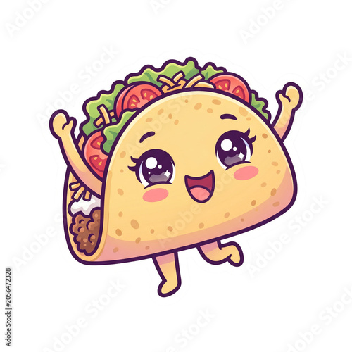  Kawaii Mexican taco character dancing with joy and big eyes sticker Illustration