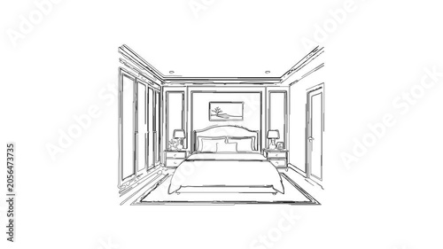 Modern bedroom interior architectural sketch reveal animation