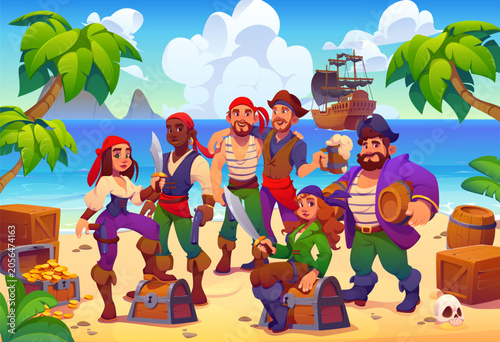 Cartoon Caribbean pirate and corsair characters with treasures chests and barrels. Vibrant pirate crew featuring filibuster characters posing on tropical beach. Fun illustration for posters