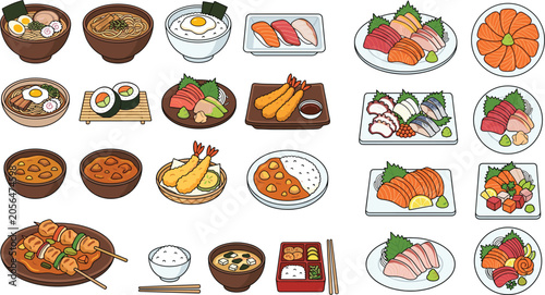 Quadro em tela Japanese food and traditional cuisine vector icons set featuring sushi sashimi ramen bowls tempura bento box curry rice and yakitori skewers isolated on white background