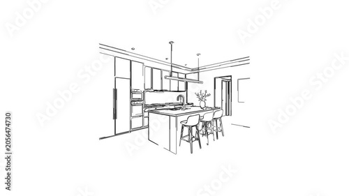 Kitchen interior sketch drawing animation