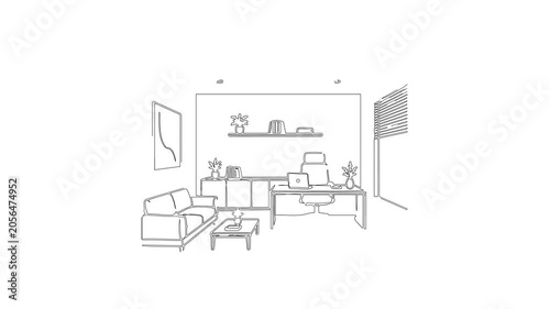 Home office interior sketch forming from continuous lines