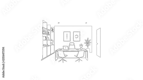 Home office interior line art drawing animation