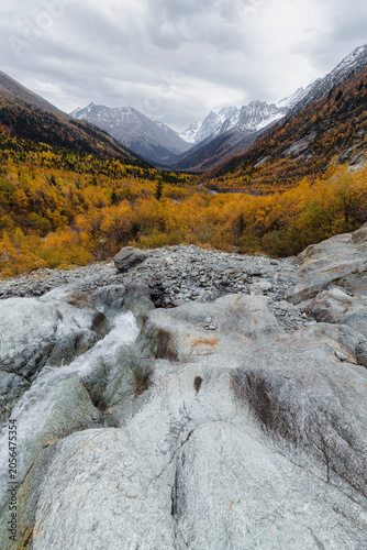 View of rocky slope and autumn forest against snow-capped mountain range