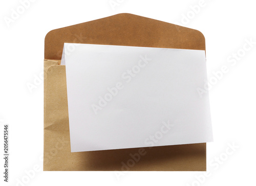 Obraz na plátně Open brown stationery envelope with blank paper isolated on white, transparent b