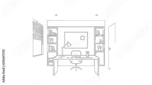 Home office interior line drawing animation