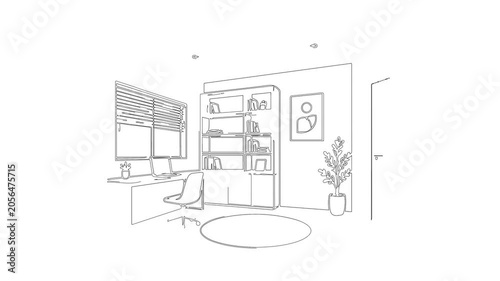 Home office interior line art drawing animation
