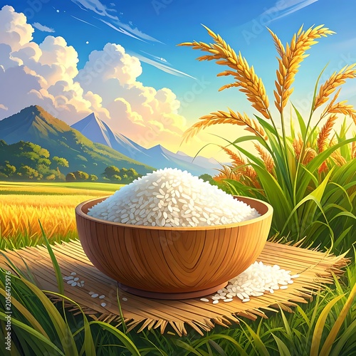 A serene landscape with a wooden bowl of rice on a mat
