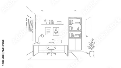 Home office workspace blueprint line drawing animation