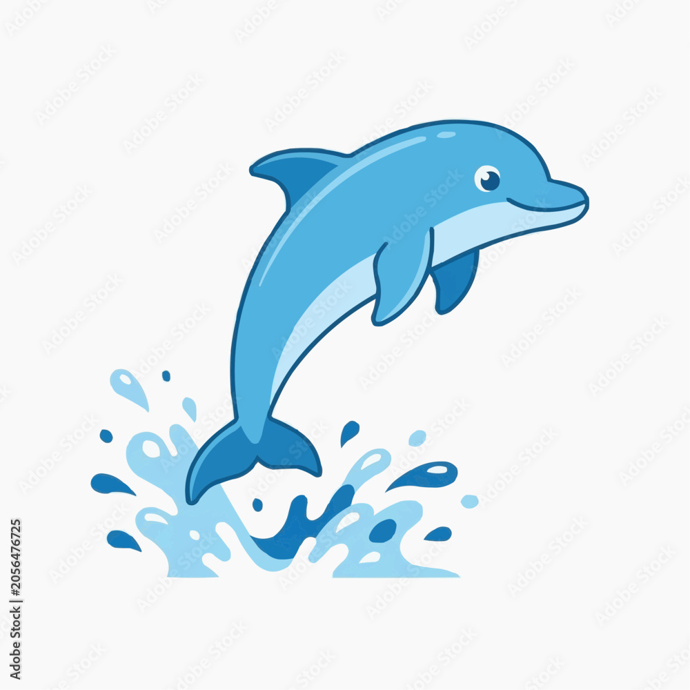 Fototapeta premium Happy Dolphin Jumping in Water: A cheerful cartoon dolphin leaps joyfully out of the water, surrounded by splashing waves, illustrating freedom and playful aquatic life.