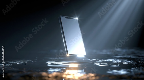 Blank Screen Mobile Phone Levitating at Angle Over Reflective Water with Light Rays and Dark Background