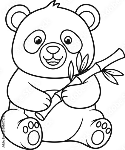Happy cartoon panda bear holding bamboo stalk coloring page with coloring illustration children