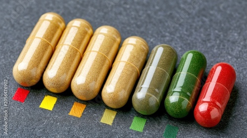 Side effects of ginseng. Colored capsules filled with herbal powder arranged in a descending size order on a textured surface.
