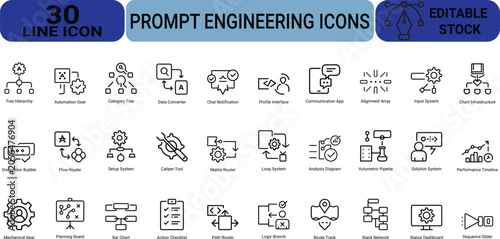 Prompt engineering icons set with linear vector illustrations of ai communication artificial intelligence input systems automation and data processing.
