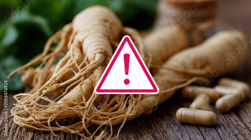 Side effects of ginseng. Ginseng roots with capsules and a warning sign symbolizing caution or potential health risks.