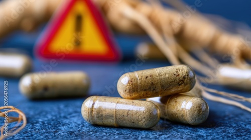 Side effects of ginseng. Close-up of herbal supplement capsules with a blurred warning sign and dried roots in the background.