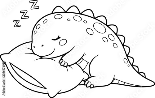 Cute cartoon baby dinosaur sleeping on a pillow line art with dinosaur sleeping illustration
