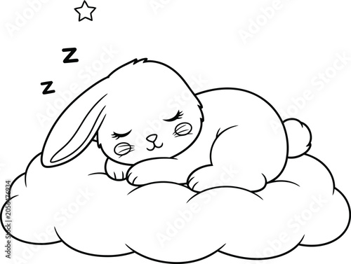Cute sleeping baby rabbit on cloud drawing vector illustration with sleeping dreaming illustration