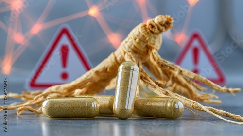 Side effects of ginseng. Ginseng roots and capsules with warning symbols signify caution in herbal supplement use.
