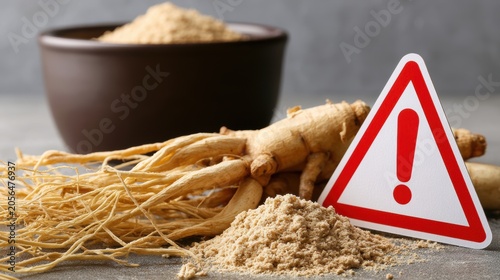Side effects of ginseng. Warning sign placed next to ginseng roots and powdered ginseng in brown bowl on gray surface.