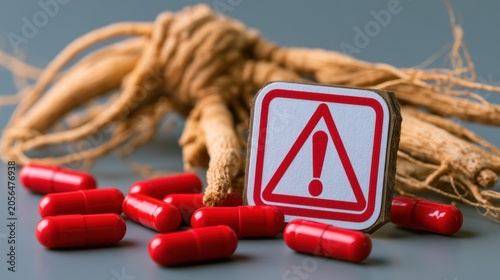 Side effects of ginseng. Red capsules spill near ginseng root with a warning sign, symbolizing caution in herbal supplement use.