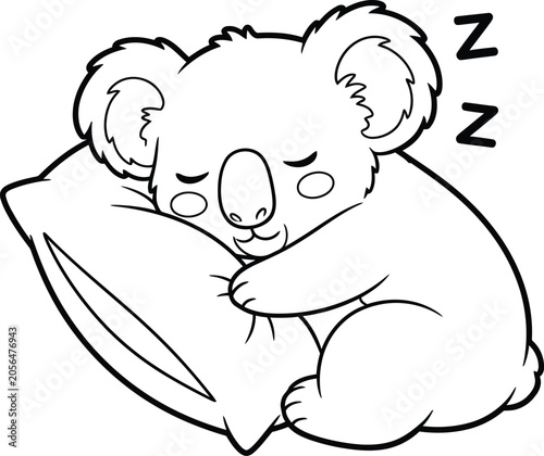 Cute baby koala sleeping peacefully on a pillow line art with sleeping illustration character