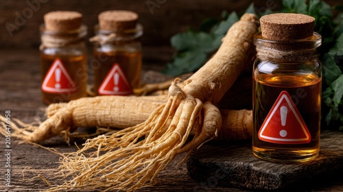 Side effects of ginseng. Dried ginseng roots and small glass bottles with warning labels on a rustic wooden surface.