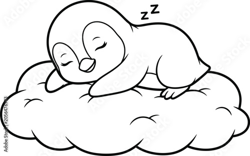 Cute baby penguin sleeping on a fluffy cloud line art with sleeping illustration character