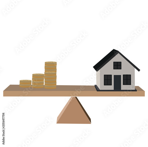 household scales and coins. Vector concept of investment in real estate like townhouse
