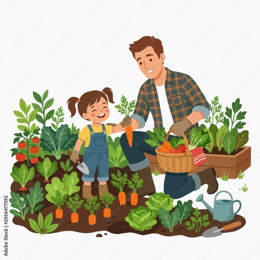 Fototapeta premium Gardening Together: A father and daughter share a joyous moment in their vibrant vegetable garden, harvesting fresh produce under a sunny sky.