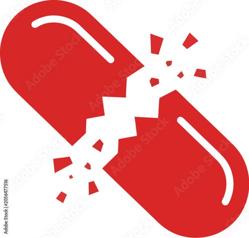 Red broken pill icon vector graphic