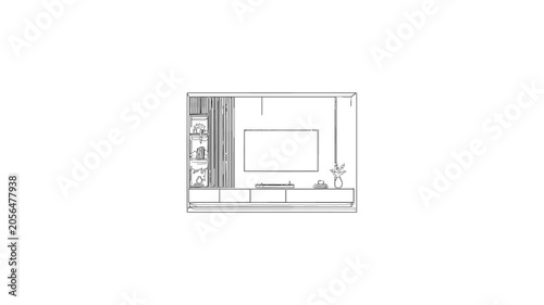 Living room interior sketch animation revealing modern furniture design