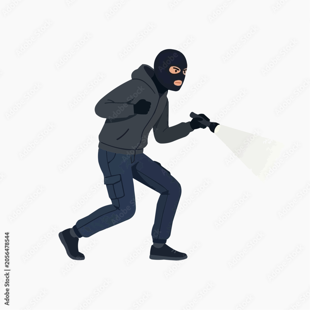 Naklejka premium Crouching Thief with Flashlight: A clandestine figure clad in dark attire and a mask creeps forward, illuminated by the beam of a flashlight, hinting at a night-time intrusion.