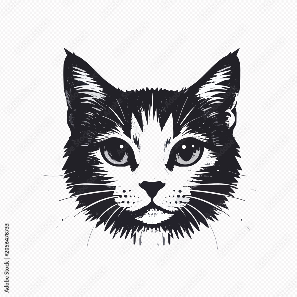 Obraz premium Black and white cat head illustration on transparent background