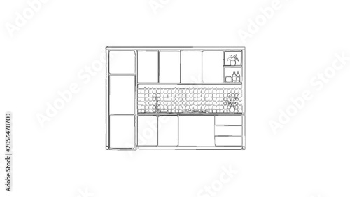 Kitchen interior blueprint sketch animation appearing on screen