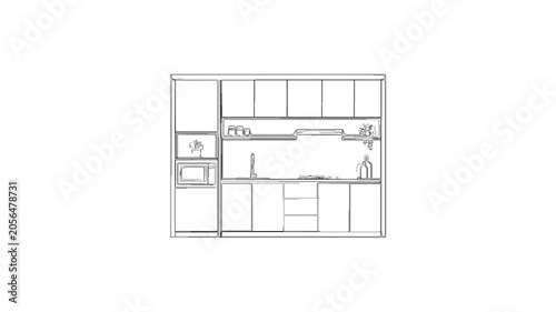 Kitchen interior blueprint drawing animation reveal
