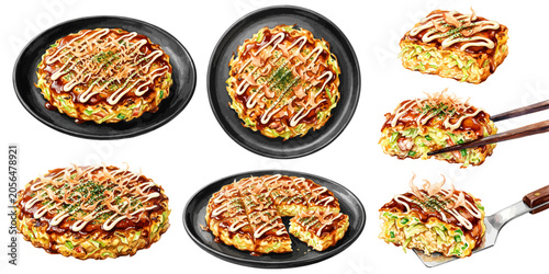 Foto お好み焼きのイラストセット,水彩風の関西風お好み焼きと鉄板焼きメニュー,コテすくいとお箸の箸上げ素材集,手描きベクター