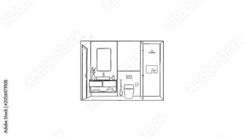 Modern bathroom interior line drawing animation