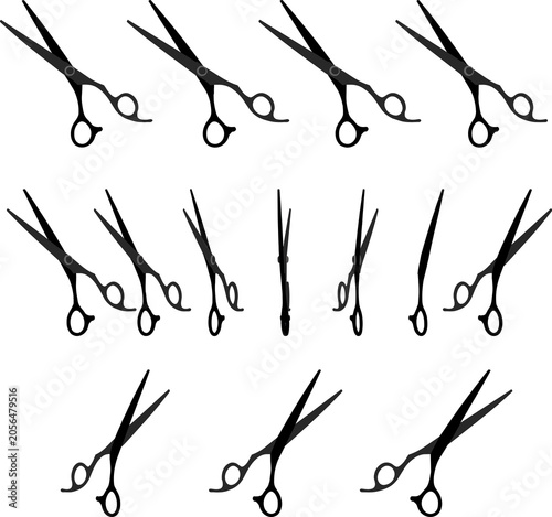 A sequence of frames showing a 3D rotation of professional hairdressing scissors. This turnable sprite sheet is perfect for creating looped animations in 2D games, web design, motion graphics, and UI 